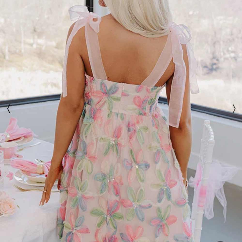 Pastel Floral Sheer Tie-Shoulder Dress - Pink Multi - Picture 3 of 10